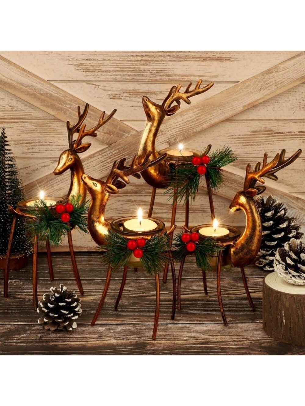 4-Piece Reindeer Tealight Candle Holders Set - Iron Metal Christmas Decor